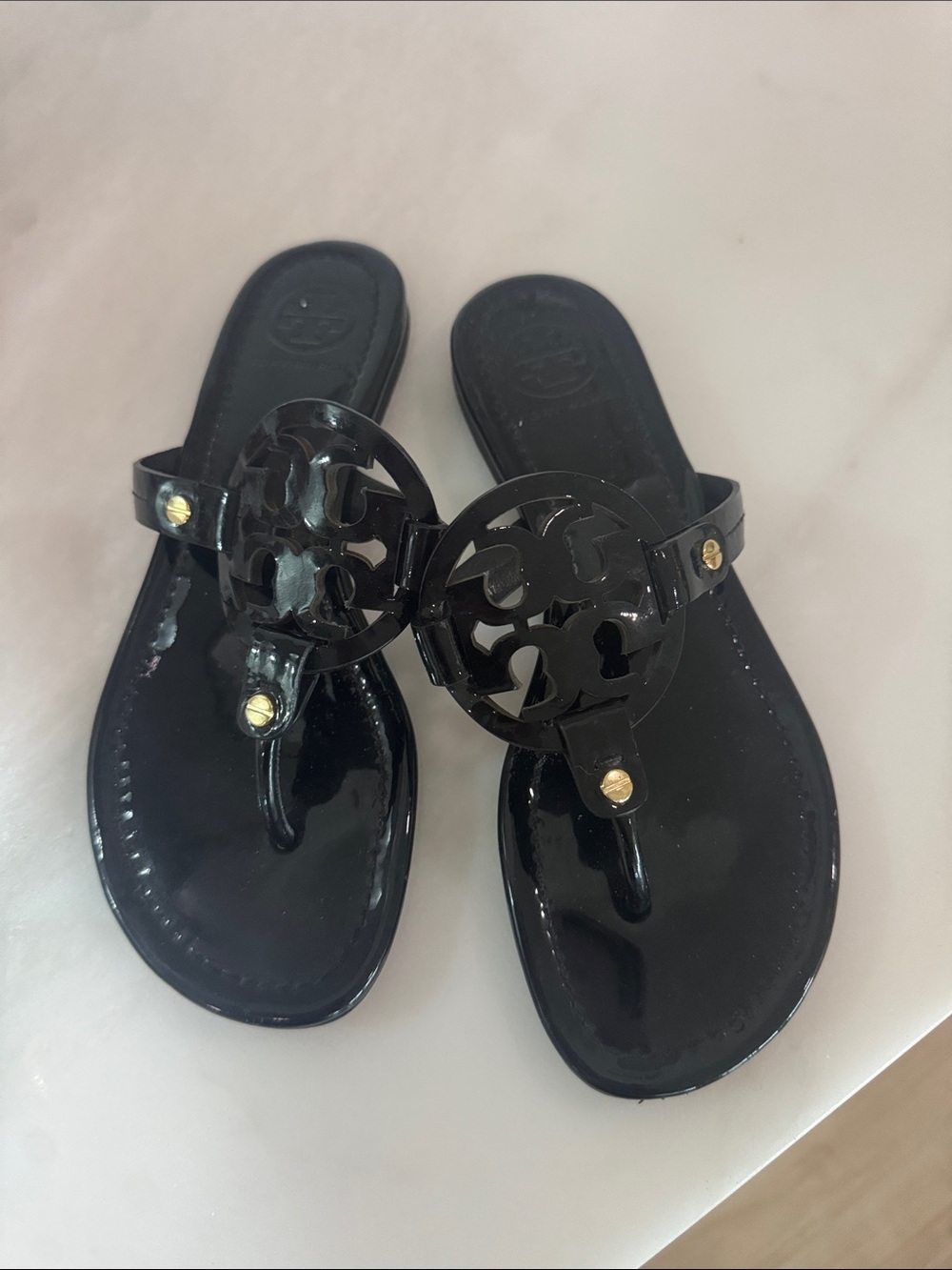 Tory Burch Black Patent Miller Logo Thong Sandals with Gold Studs